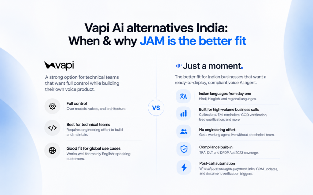 Vapi AI alternatives India: When & why JAM is the better fit